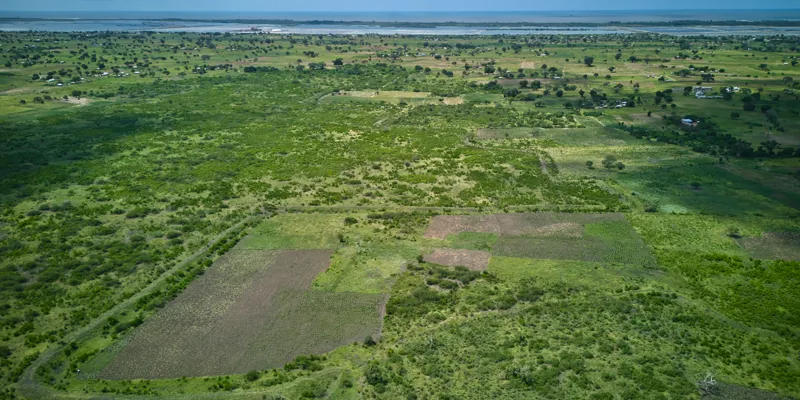 Aerial view of the Furaha Gardens subdivision at Gongoni, showing the surveyed plot blocks and internal roads